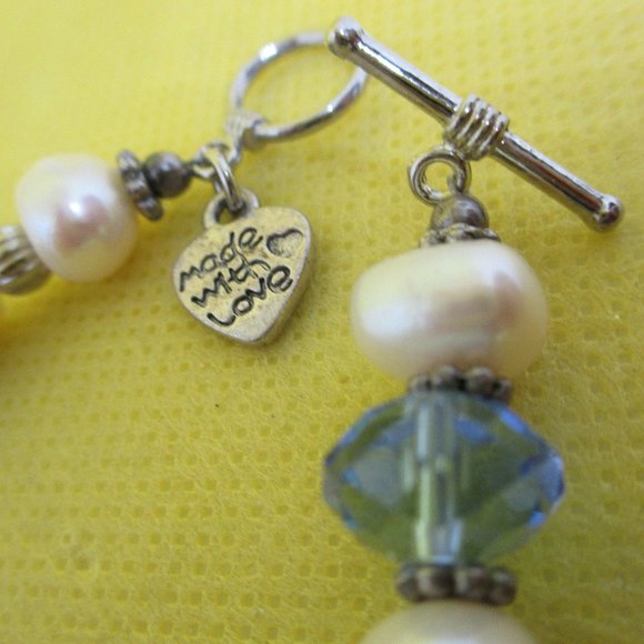 Genuine FRESH WATER PEARL Blue Faceted Crystal Bracelet Large Black Faceted Bead - Picture 12 of 13